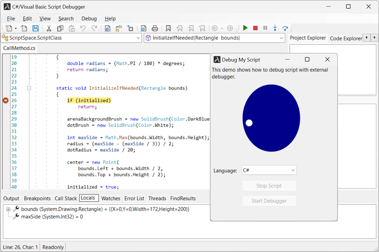 C# and Visual Basic script execution and debugging