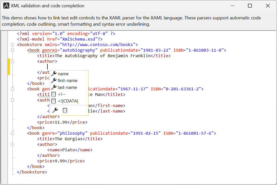 XML validation and code completion