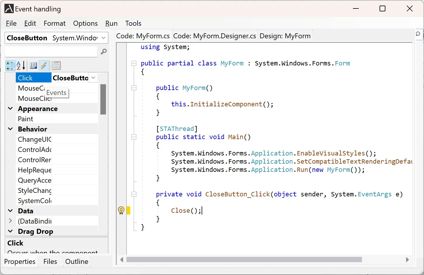 Event handling in Form Designer