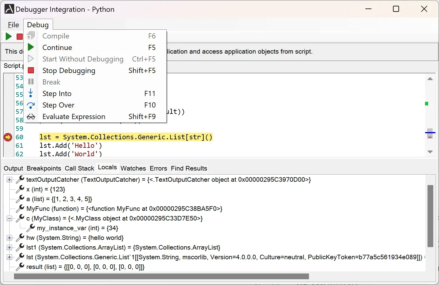 Script debugger WinForms and WPF UI controls